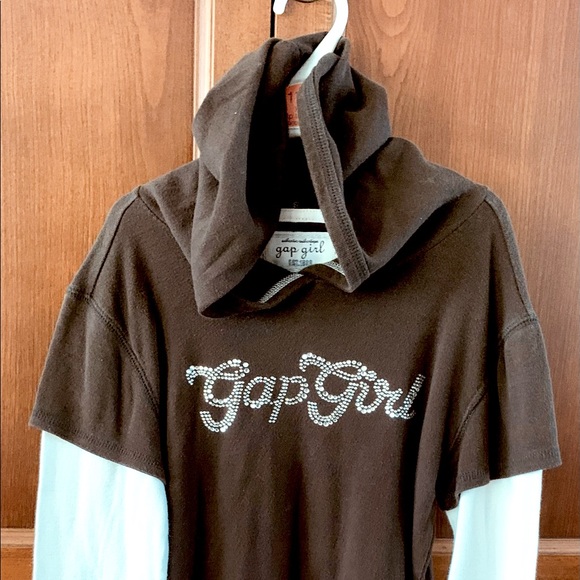 Gap cotton shirt with hoodie long sleeves brown & cream beige sparkling logo 14 - Picture 6 of 8